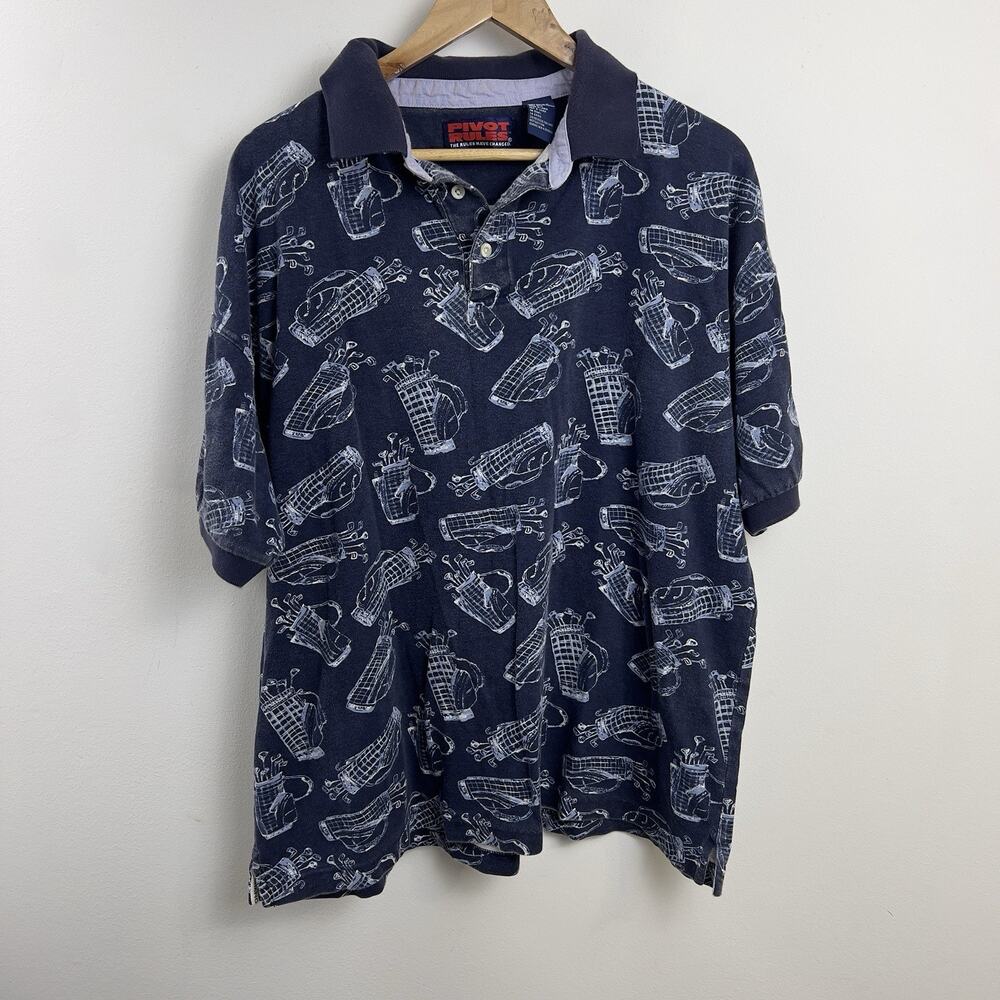 Vintage Pivot Rules Men;s XLarge Polo Shirt Golf Bag Club Print Soft Cotton